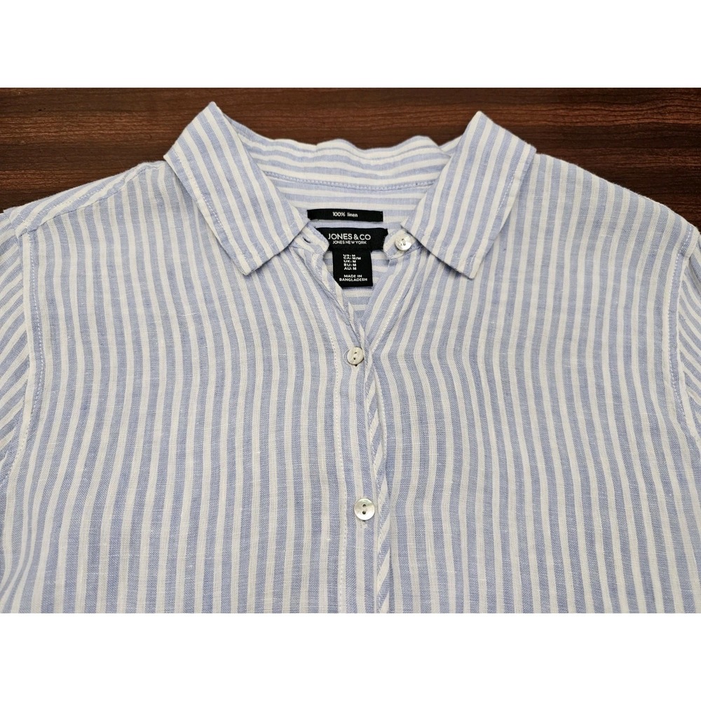 Jones New York Women's Medium 100% Linen Blue White Striped Button Down Shirt M - Picture 3 of 7